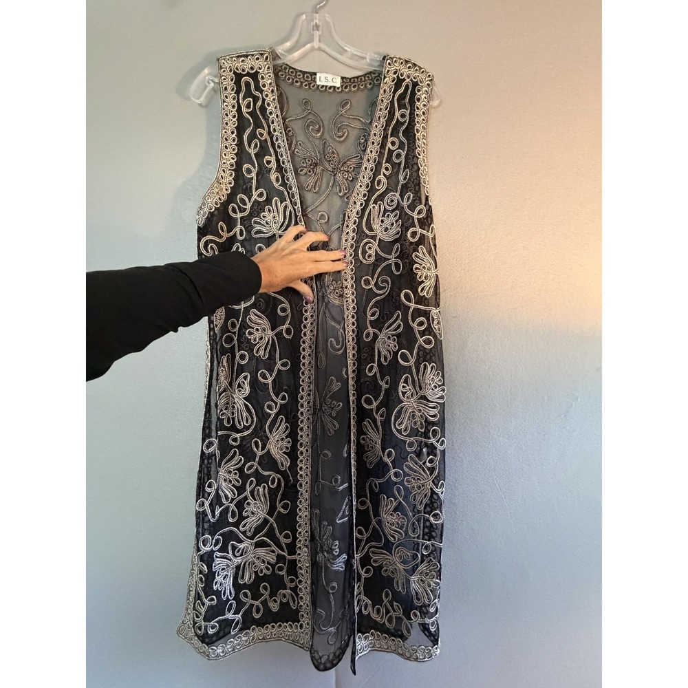 I.S.C. Vest Womens Medium Black Mesh Embroidered Sheer Long Open Boho Duster
